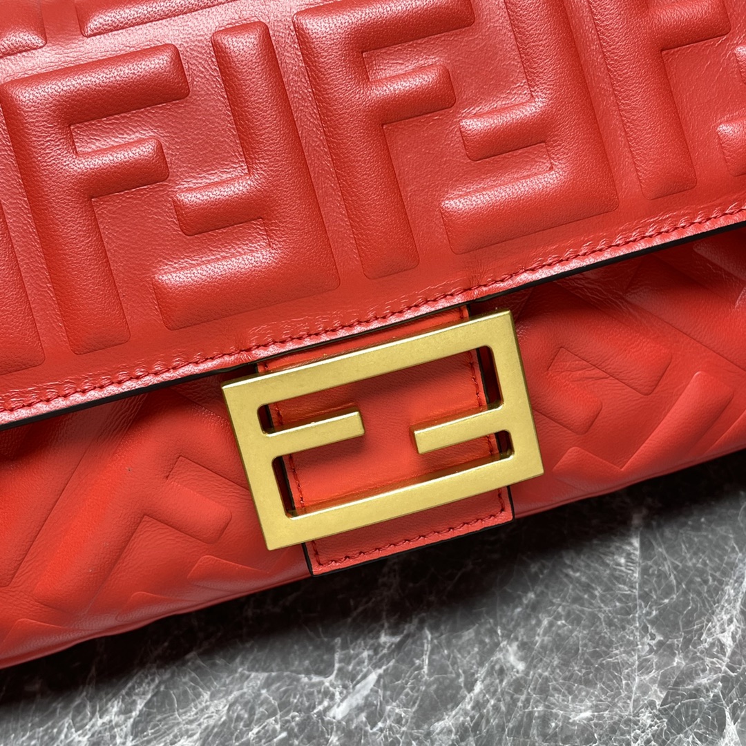 Fendi Medium Baguette Nappa Leather with FF Motif Shoulder Bag Red